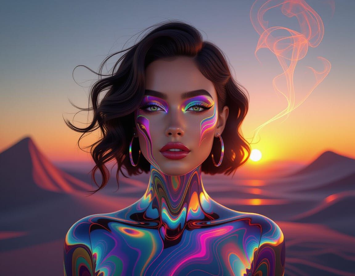 Abstract Woman Emitting Neon Lights in Infinite Space