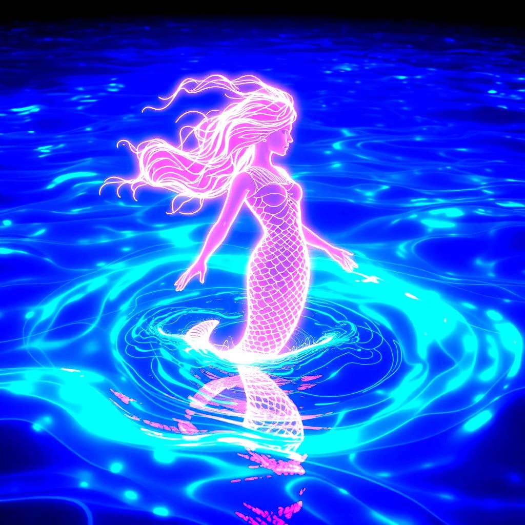 Neon Mermaid Breaching a Glowing Ocean