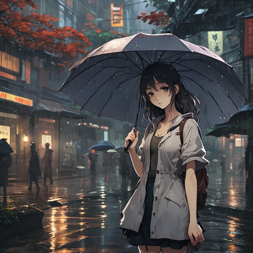 Anime Girl with Umbrella in Rainy Manga Style