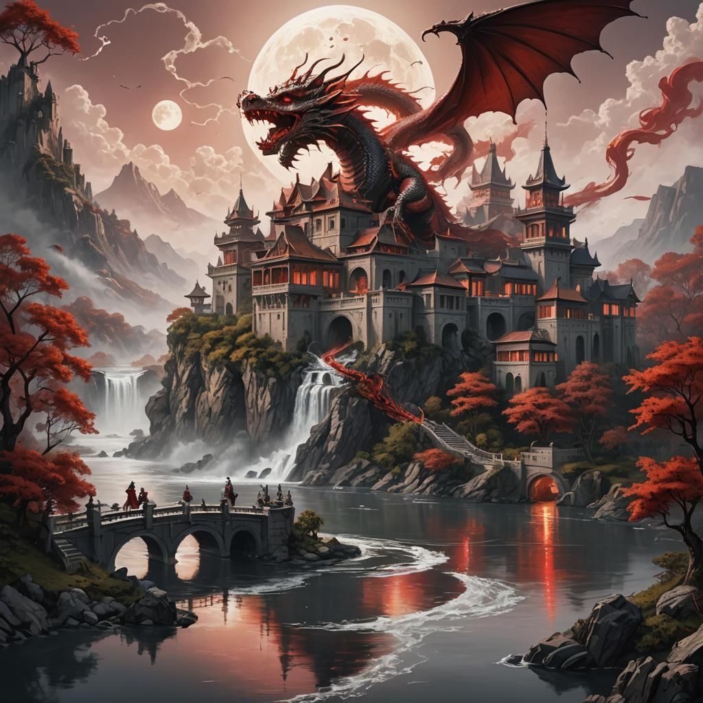 Dragon Soaring Above Mansion: Red, White, and Black Canvas A...