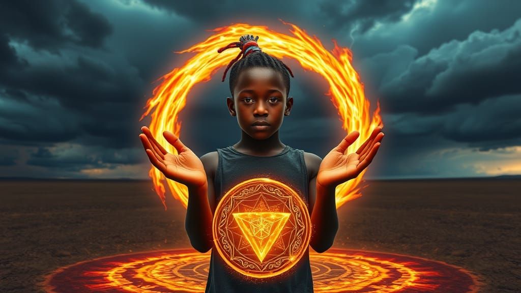 Boy in Ring of Fire on Open Plain