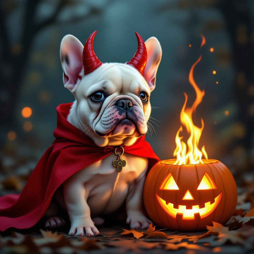 French Bulldog Halloween Scene with Devil Horns and Fiery Pu...