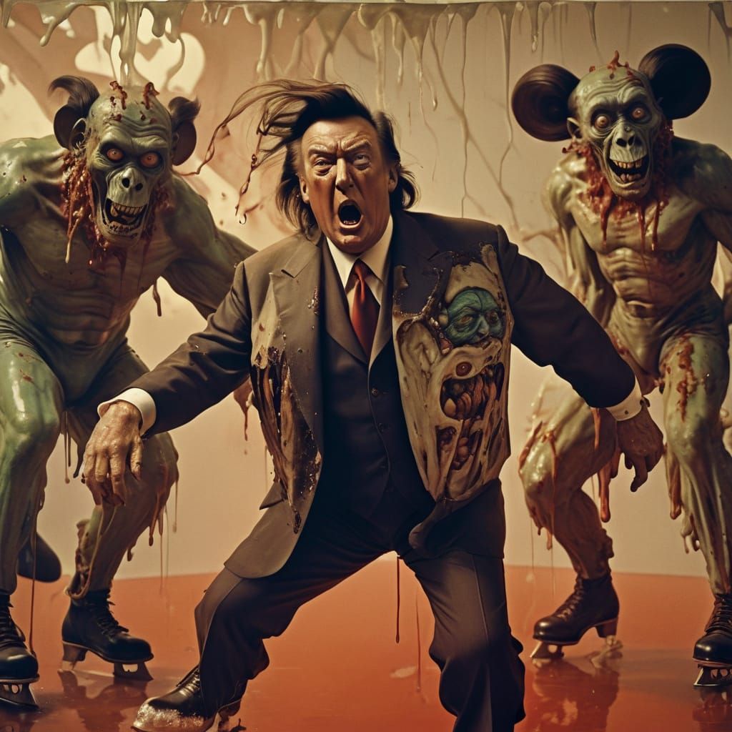 Donald Trump Surrounded by Surreal Zombie Monkeys in a Dream...