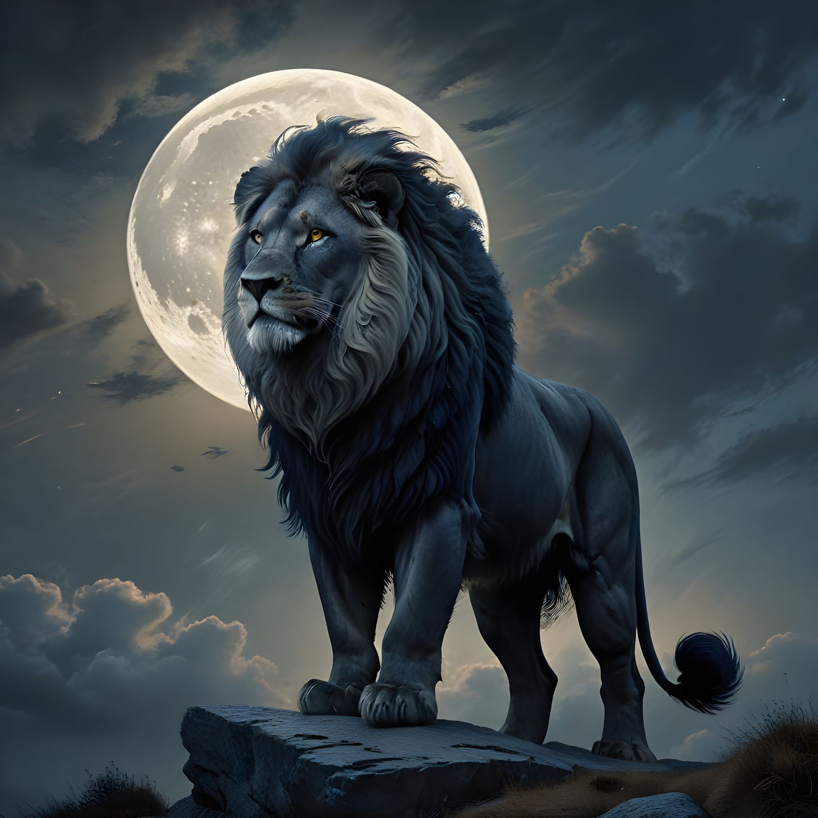 Regal Black Lion Under Full Moon