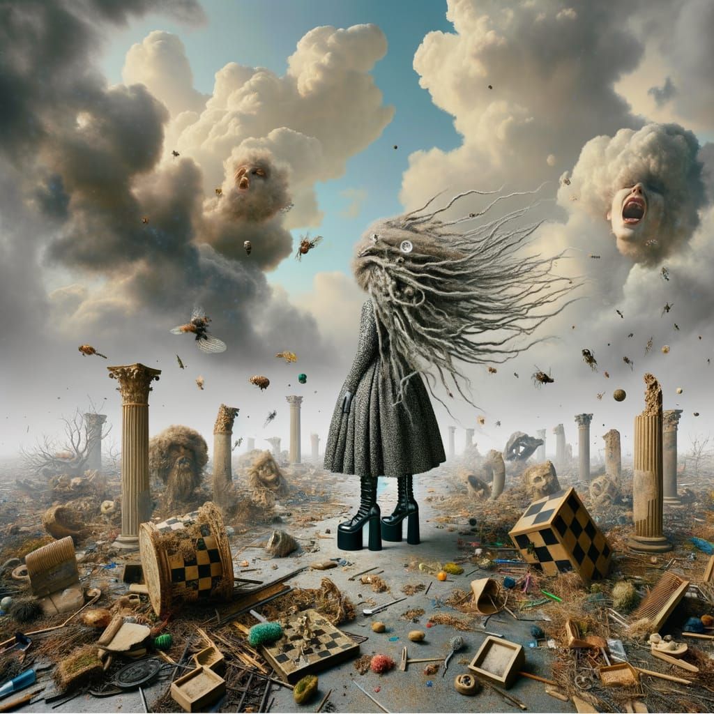 Surreal Dystopian Landscape with Woman and Chess Pieces