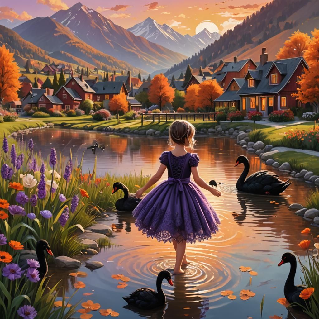 Black Swans in Autumn Landscape, Hyperrealistic Splash Art