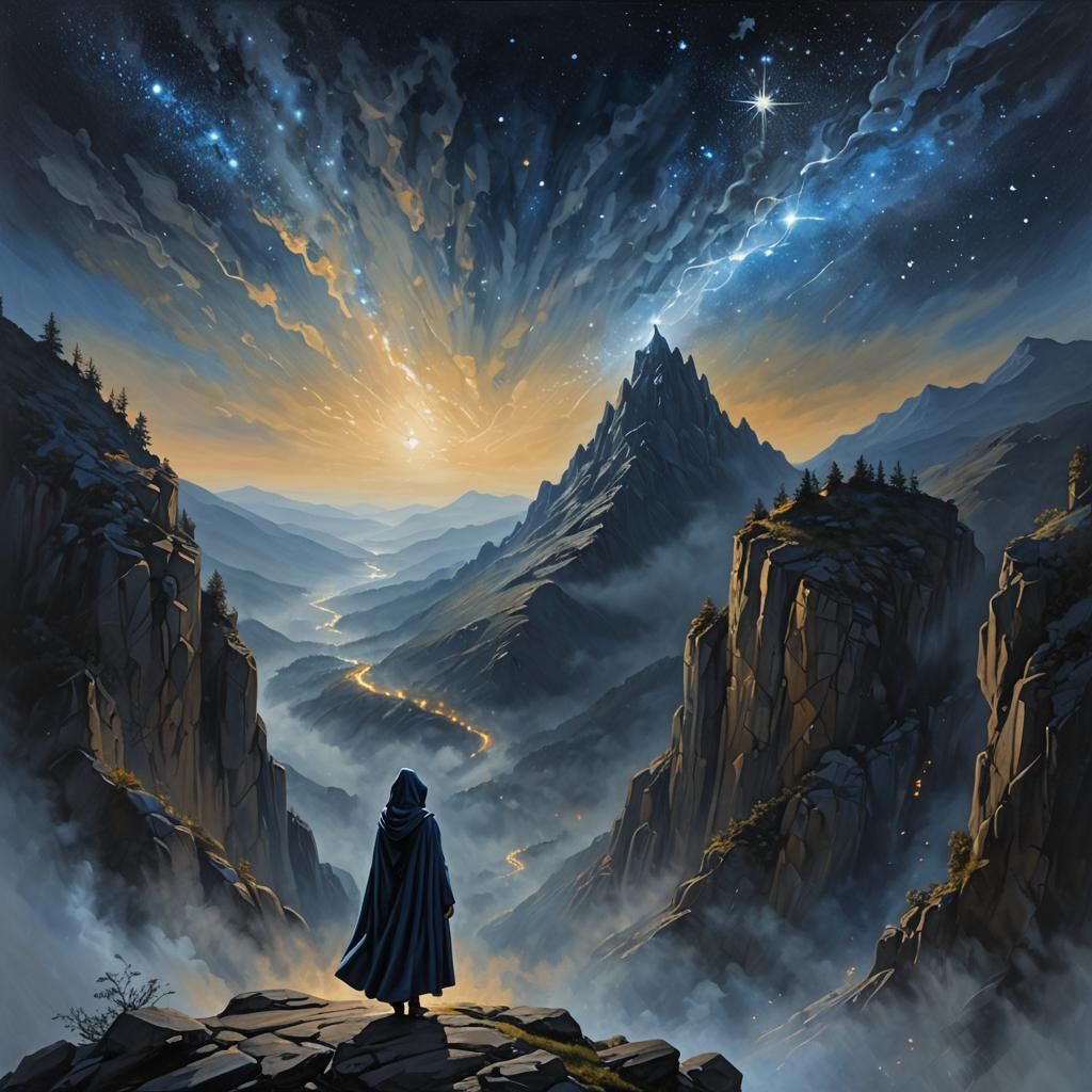 Woman on Mountain Cliff in Oil Painting Style