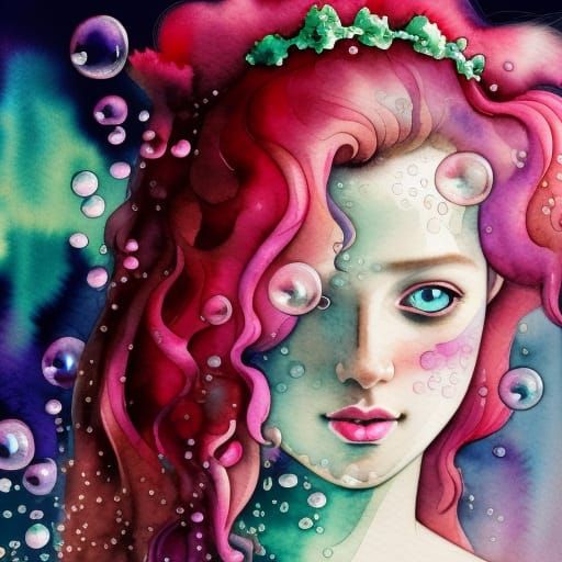 Ethereal Pink-Haired Maiden in Watercolor Underwater Scene