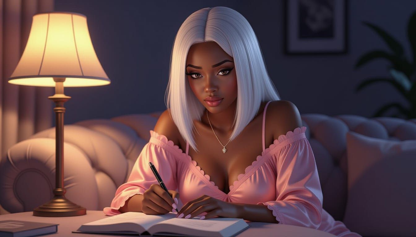 African Woman Frustrated Drawing Necklace in Pink Gown