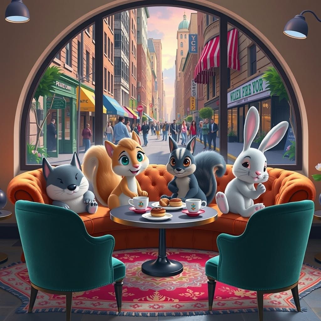 Charming Cartoon Animals Enjoying Coffee in New York City