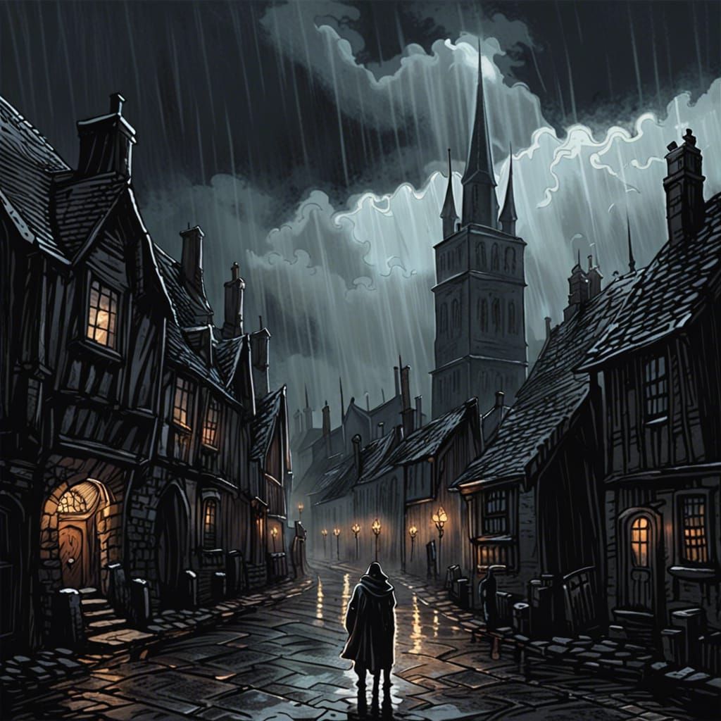 High Gothic Dark Fantasy Town Under Rainy Sky
