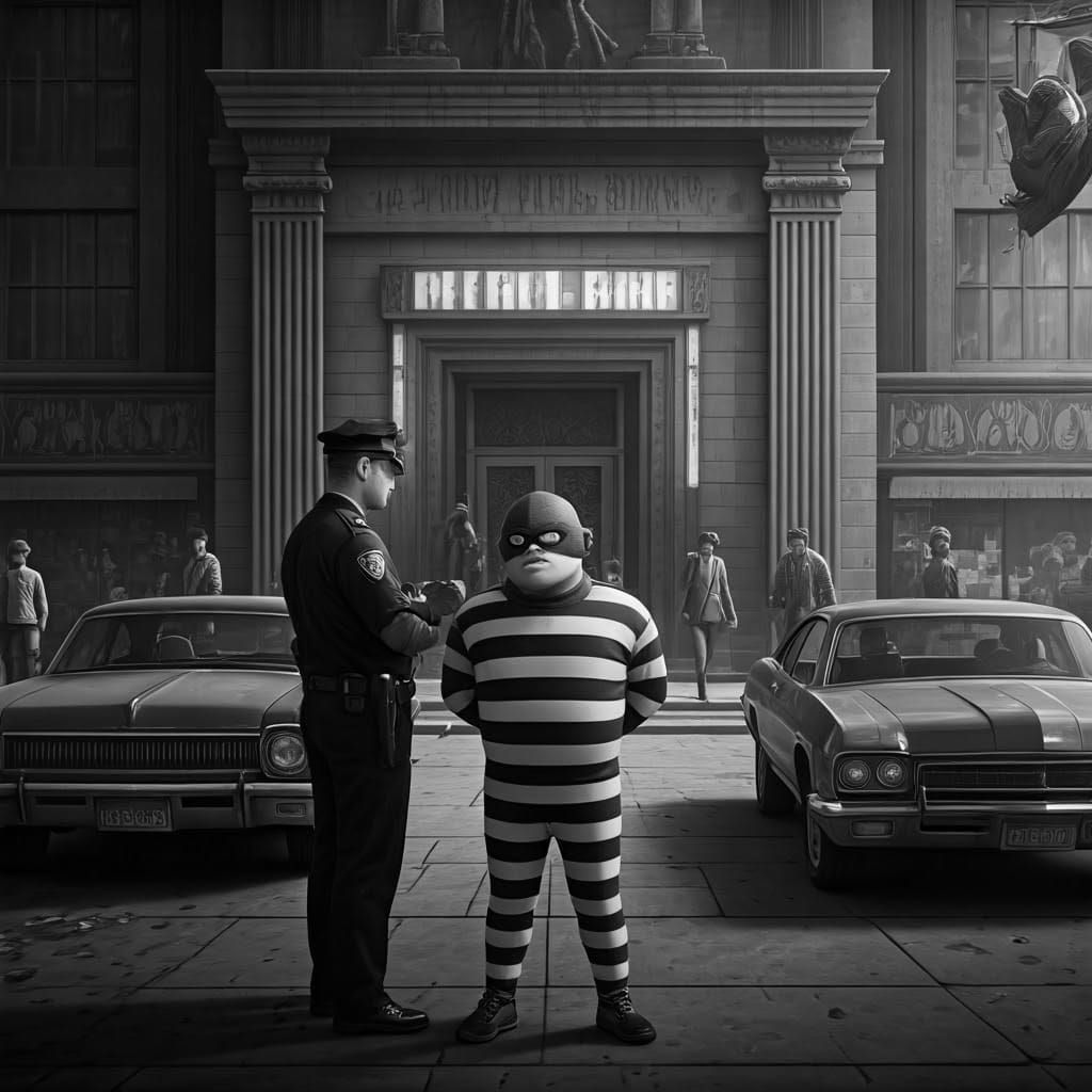 Hamburglar Arrest: 1970s Black and White Photo