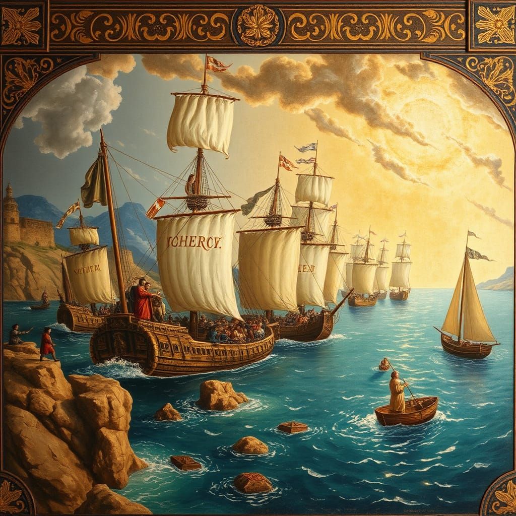 Epic Naval Battle Fresco in Sienese Style