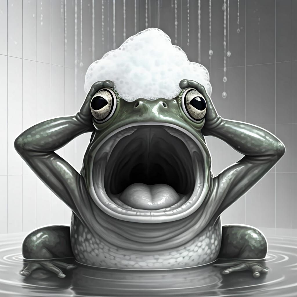 Distressed Frog in Shower: A Black and White Image