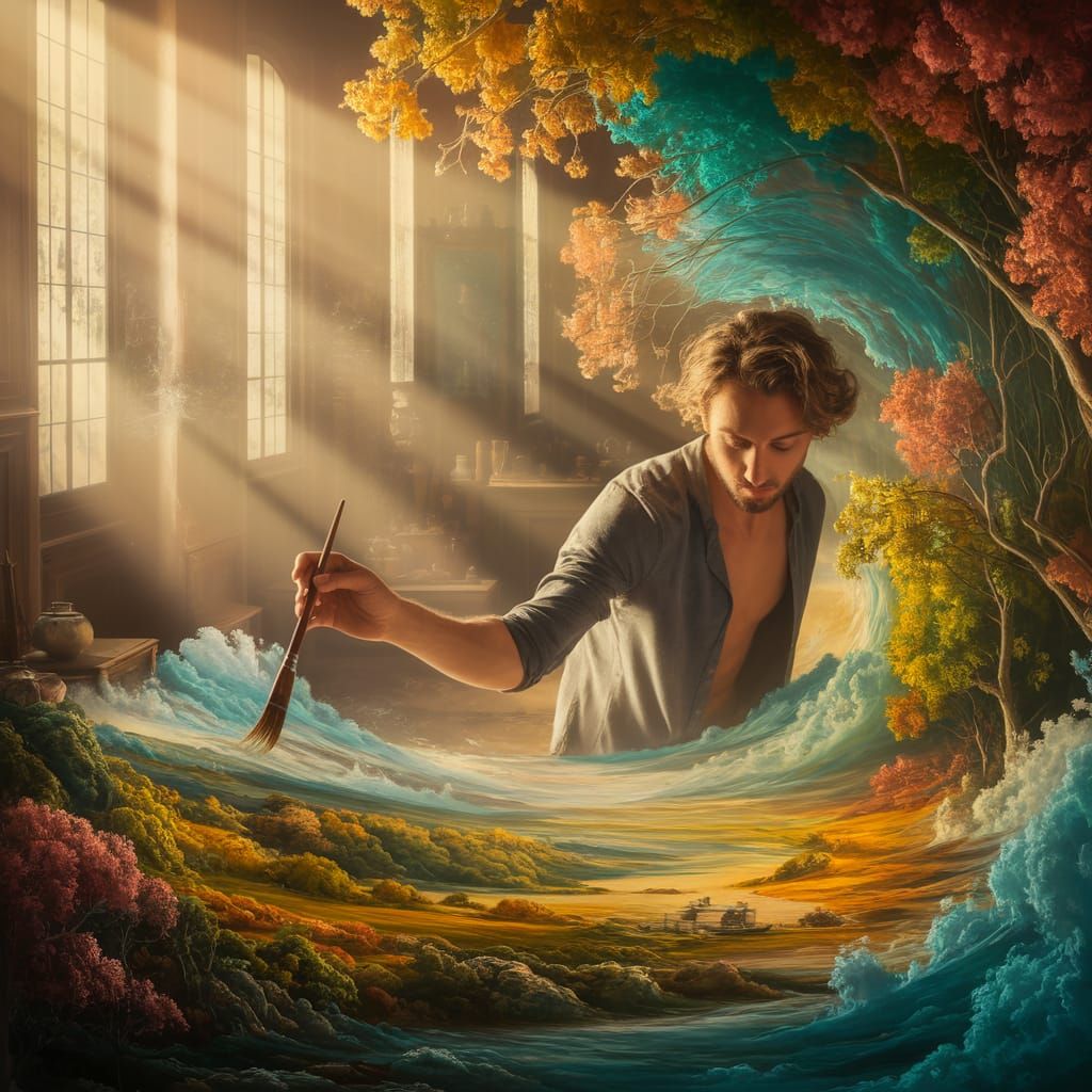 Artist Immersed in Golden Hour Painting