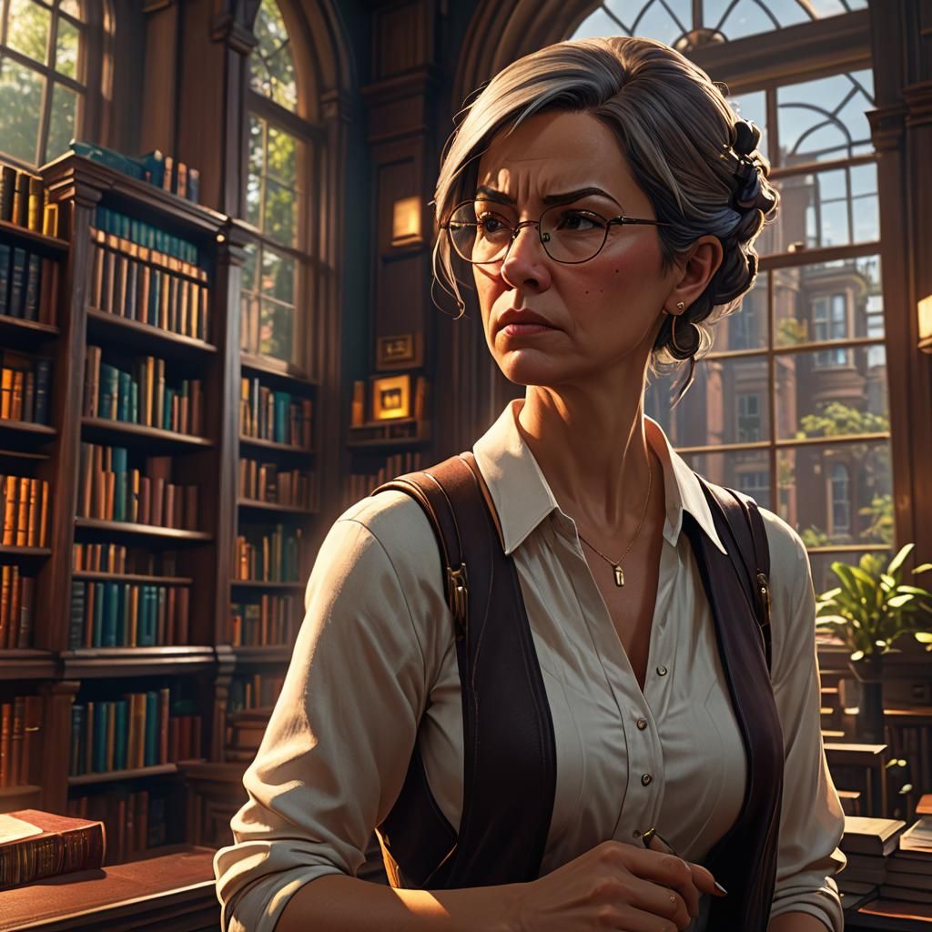 Hyperrealistic Librarian Scowls in Library with Bay Windows