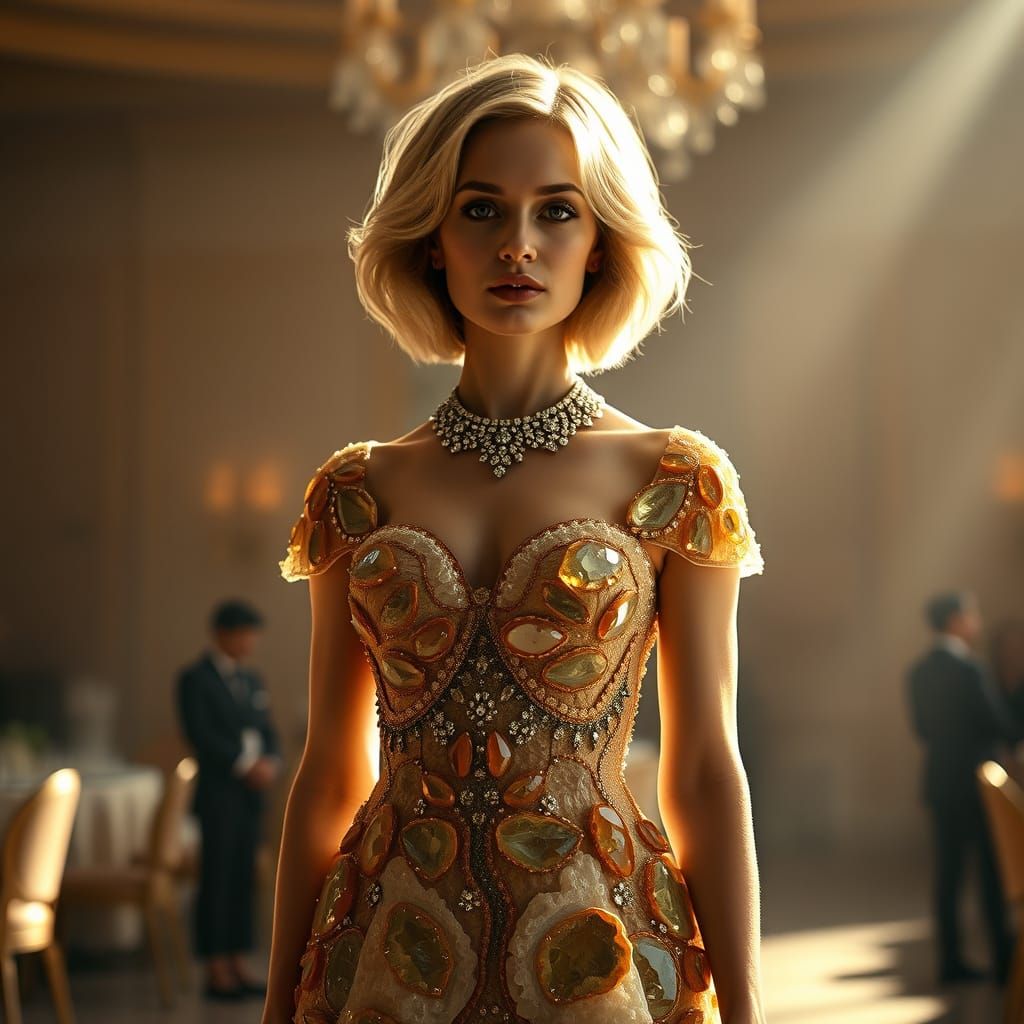 Elegant Woman in Crystal Geode Gown Amidst Golden Light
