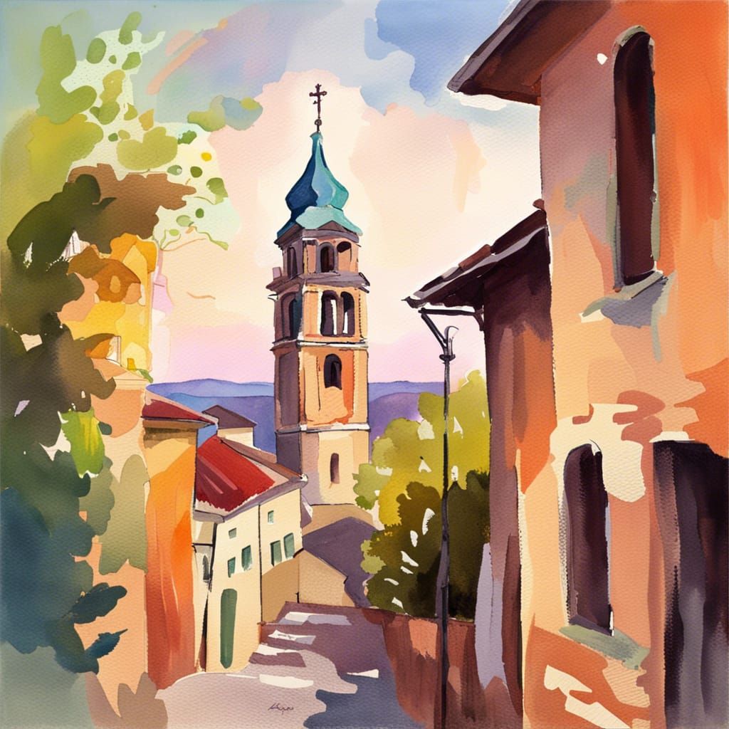 Gouache Style Bell Tower Overlooking Town