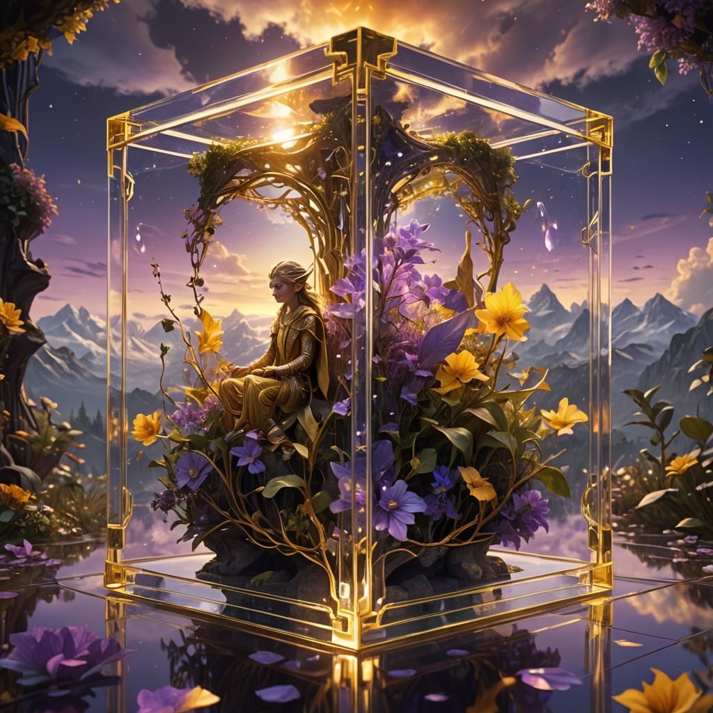 Elven World in Glass Cube, Fantasy Concept Art