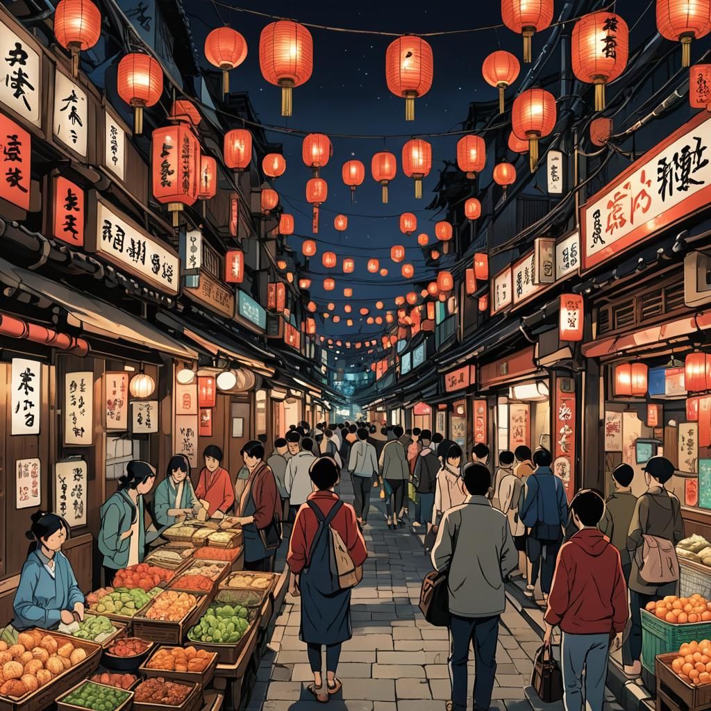 Vibrant Japanese Night Market in Anime Style