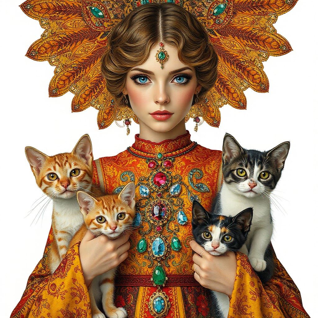 Queen Surrounded by Cats in Art Nouveau Style