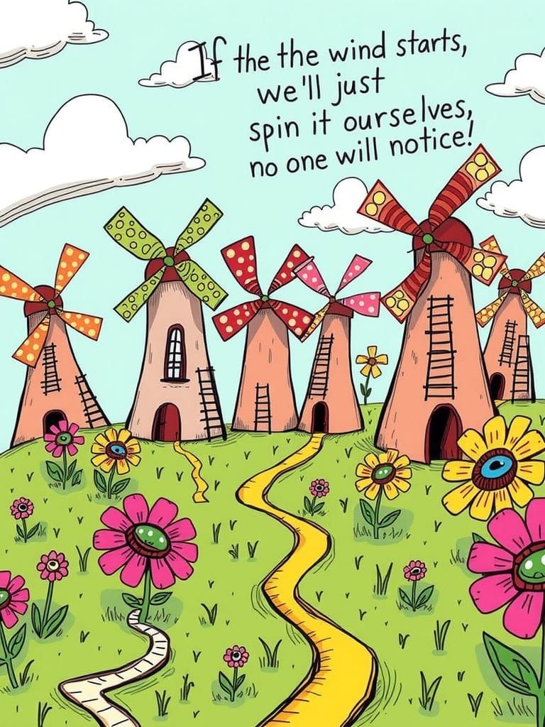 Vibrant Whimsy Windmill Landscape in Dreamlike Style