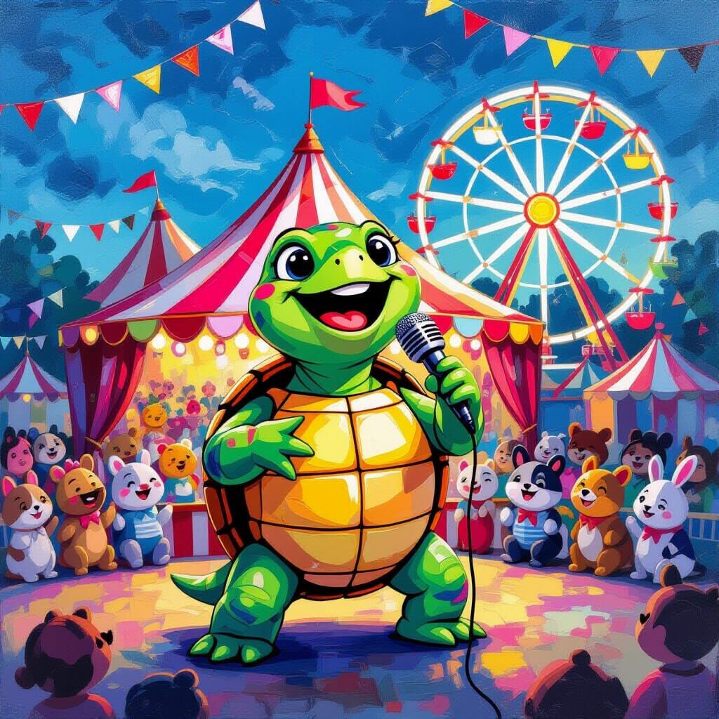 Singing Turtle at Seaside Carnival in Impasto Style