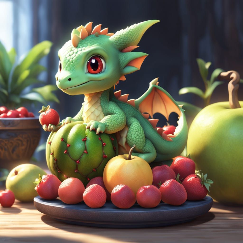 Tiny Anime Dragon Guards a Fruity Treasure