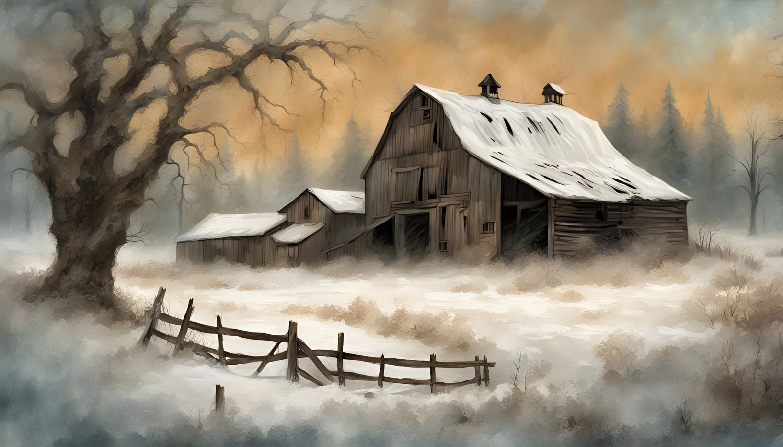 Dilapidated Barn in Winter Farm Scene Painting
