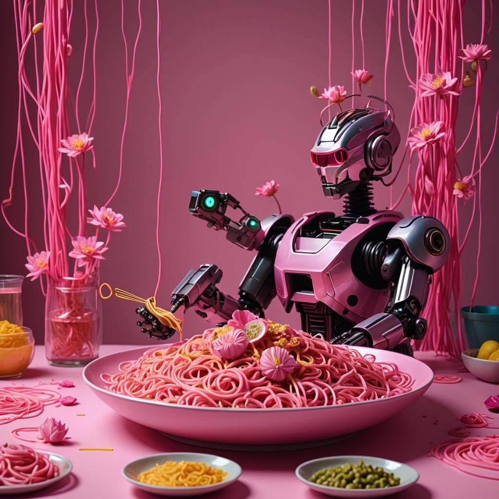 Robot Chef Serves Neon Pink Spaghetti with Flowers