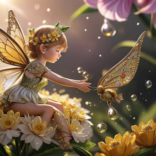Macro Photograph of a Fairy Playing by a Flower
