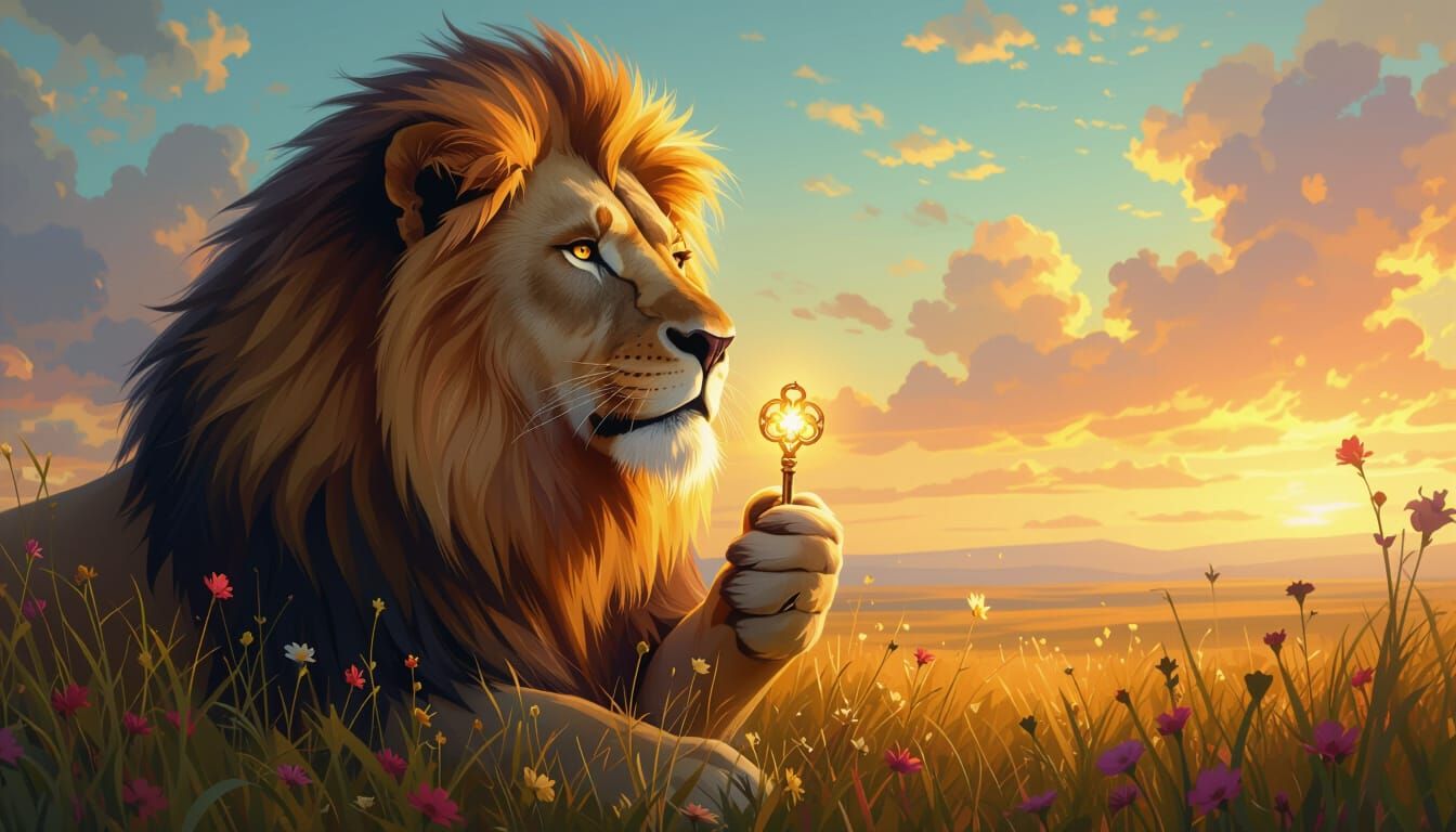 Majestic Lion Holds Key to Time in Digital Painting