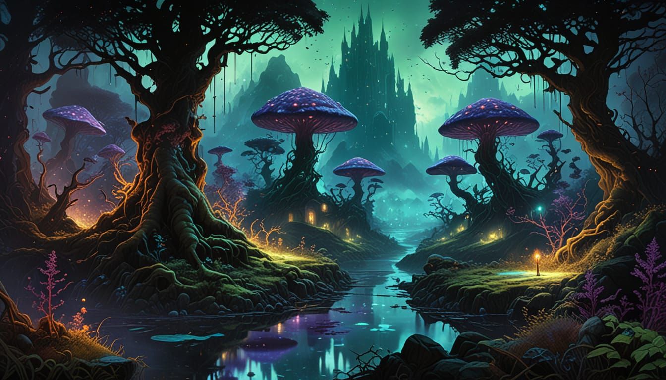 Mystical Forest with Cybernetic Woman in Gothic Horror Style