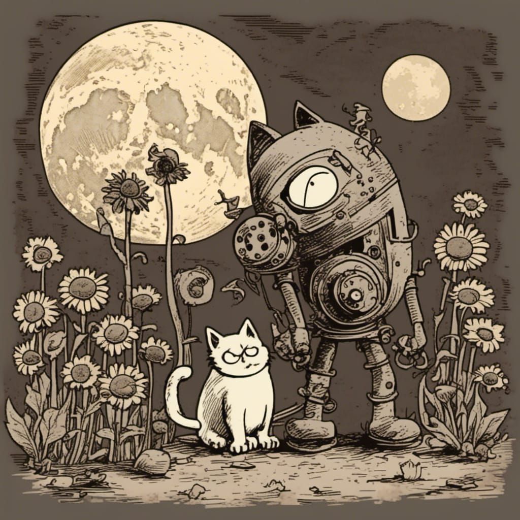 Girl, Cat, Moon, and Sunflowers with Steampunk Elements