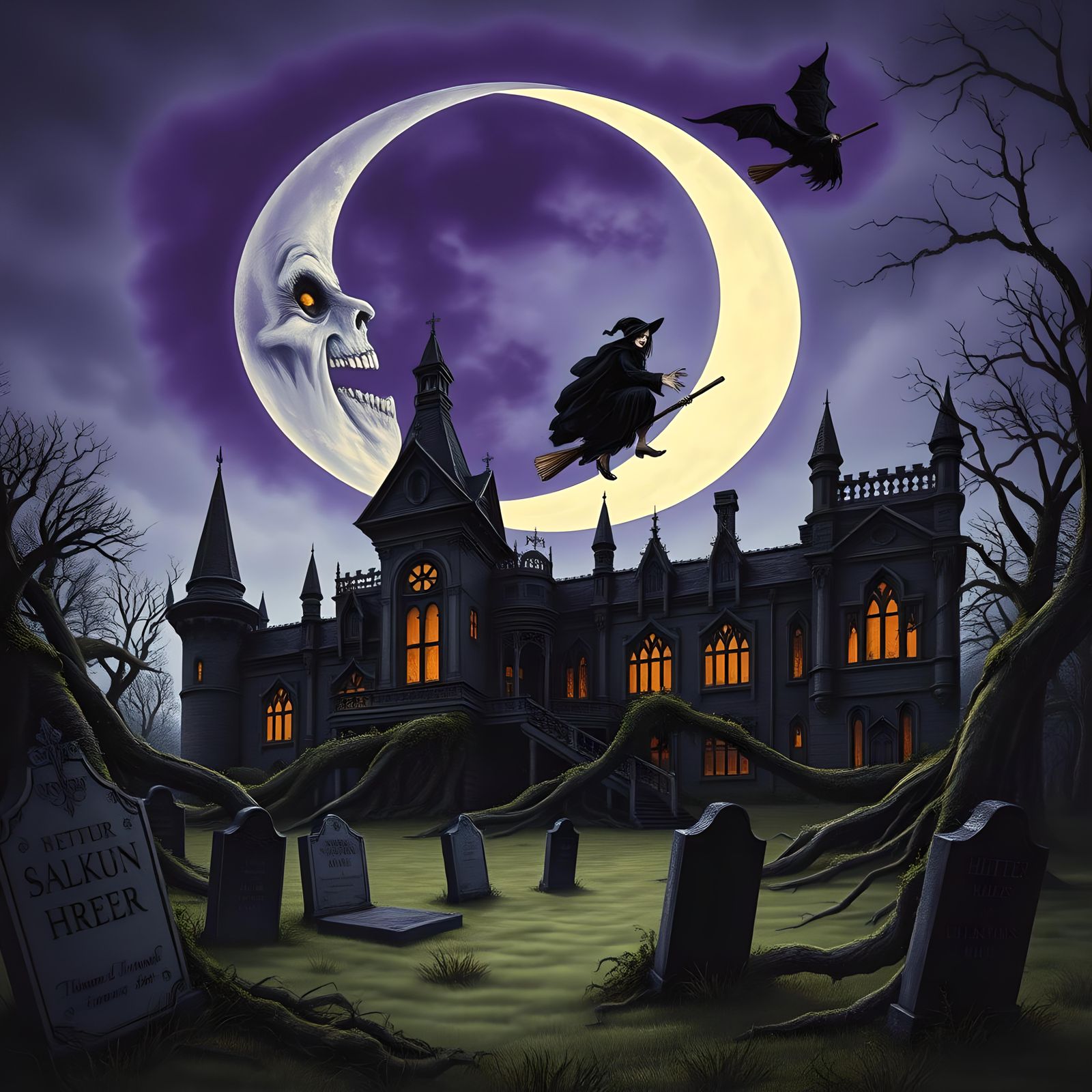 Vampire Moon over Haunted Mansion, Horror Art