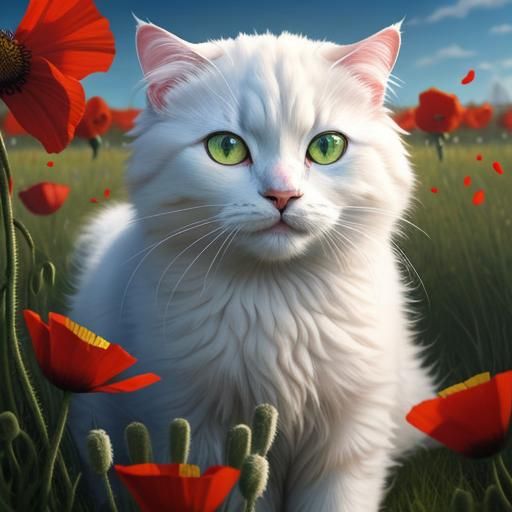 Fluffy White Cat with Poppies in Splash Art Style