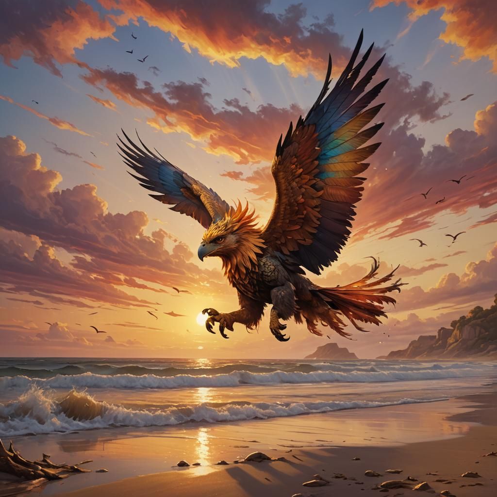 Griffin Over Mystical Beach: Vibrant Oil Painting