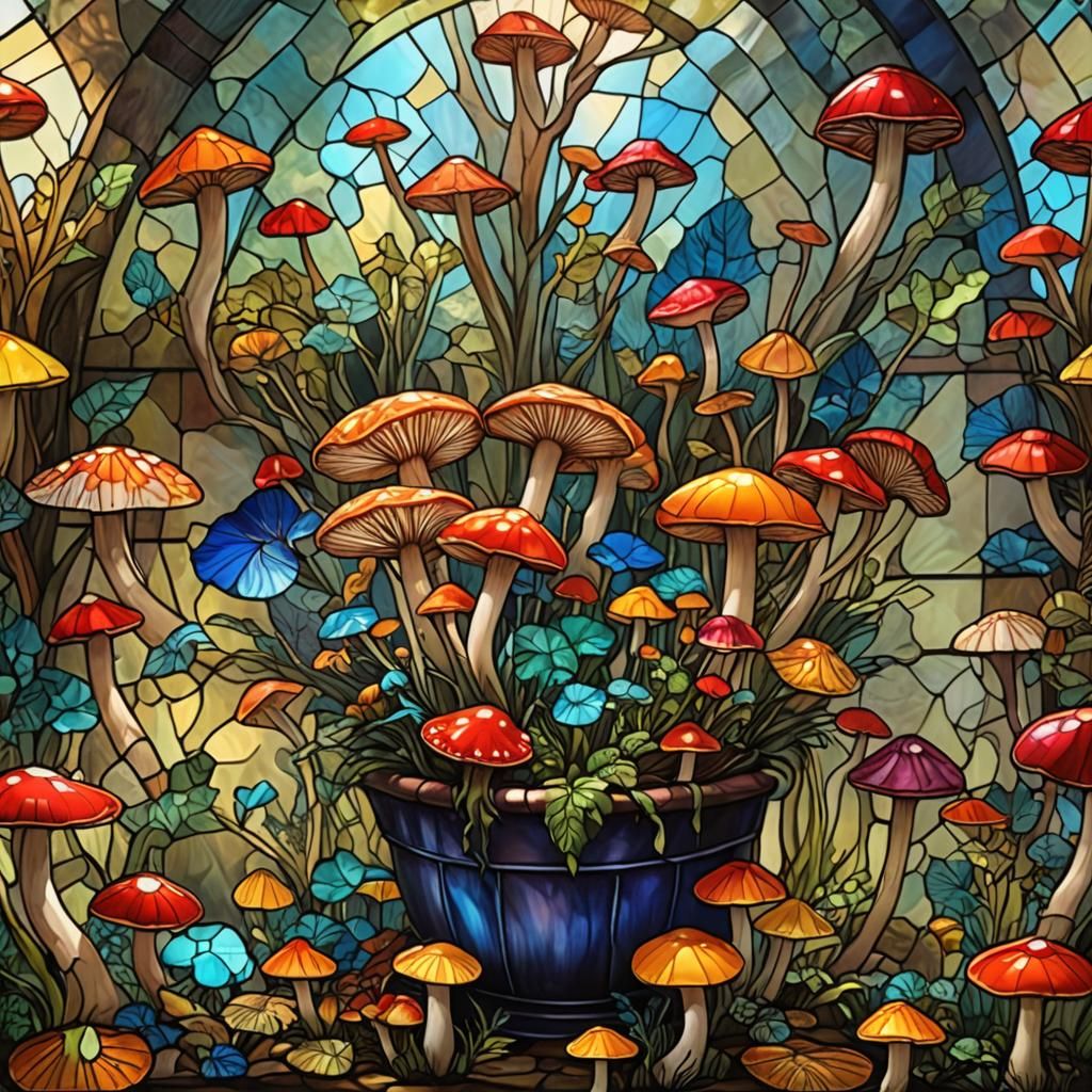 Colorful Mushrooms in Stained Glass Art