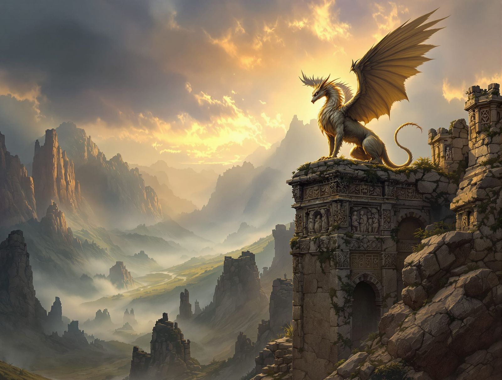 Majestic Griffin at Dawn Over Mist Valley