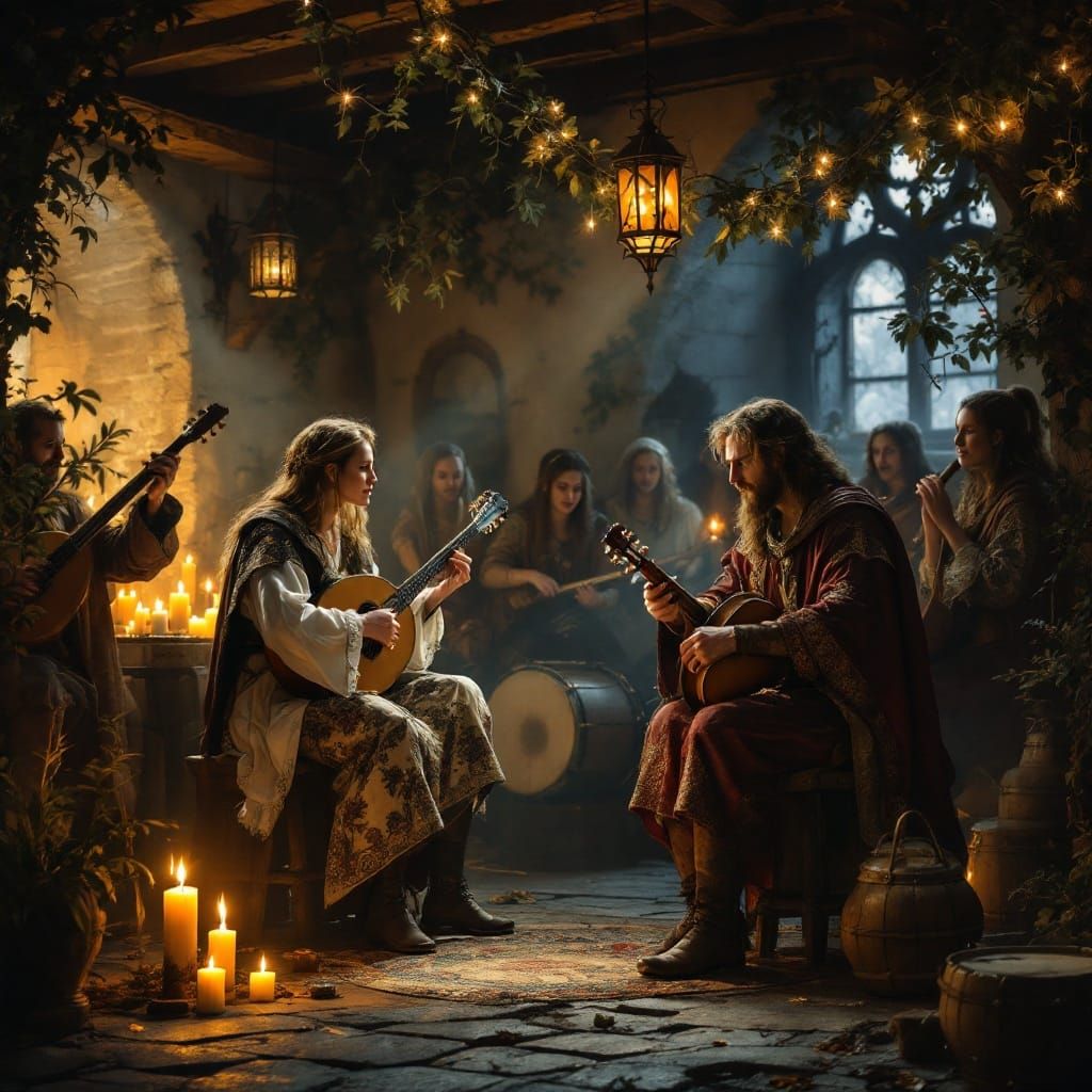 Medieval Minstrels Entertain Village Crowd with Lutes and Dr...