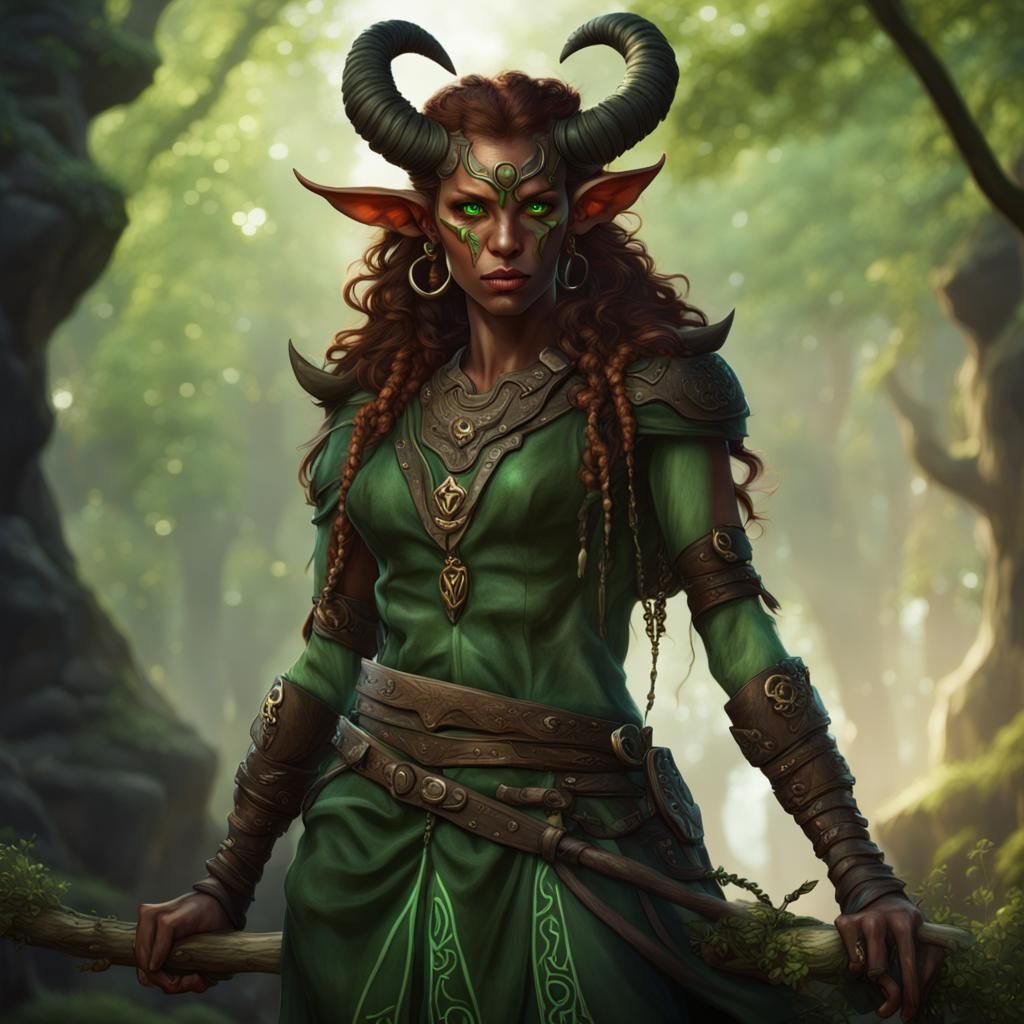 Tiefling Druid with Green Eyes, Detailed Matte Painting