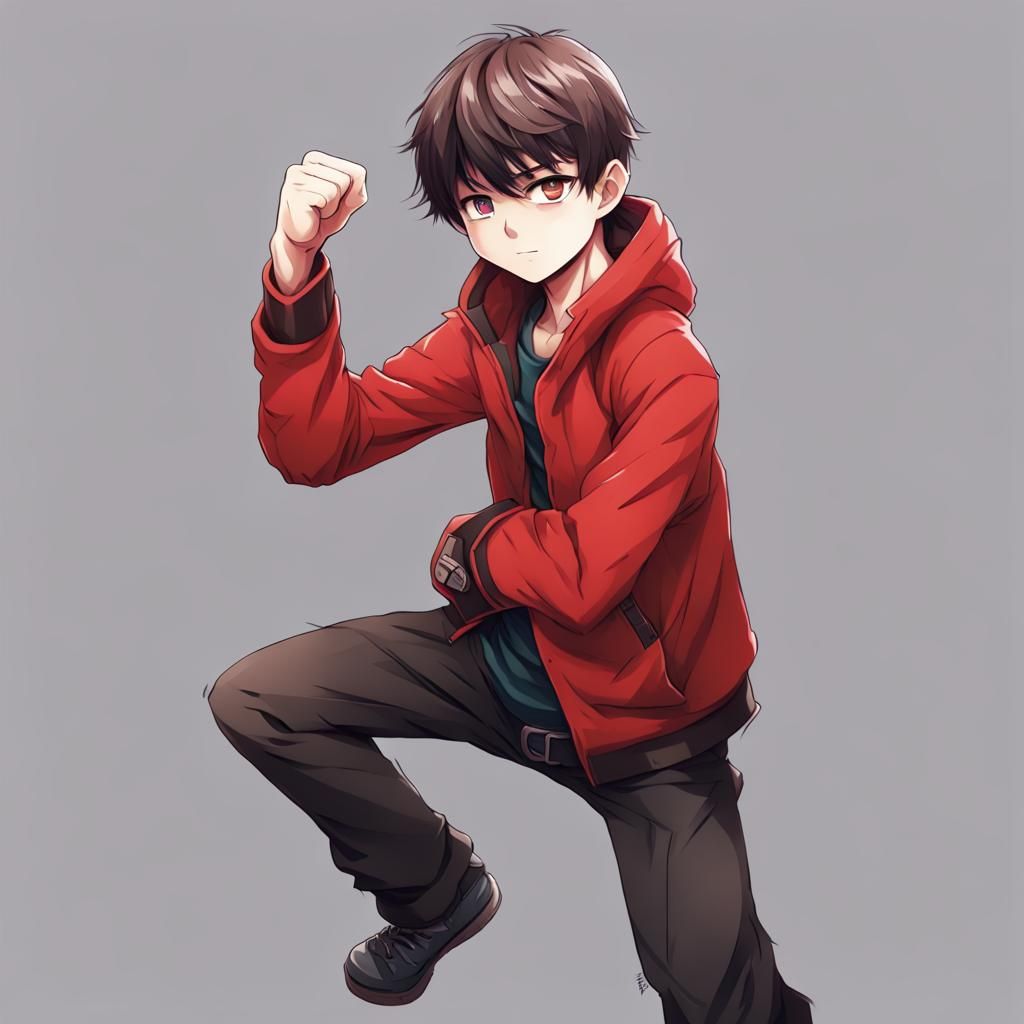 Anime Style Boy with Red Jacket and Wraps