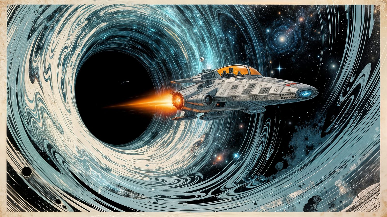 Space Explorer Ship Enters Wormhole Near Black Hole