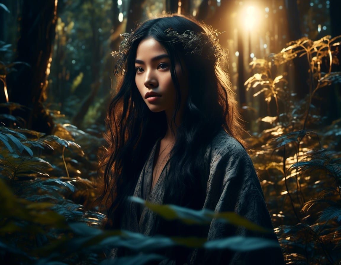 Mysterious Artist Girl in Glowing Japanese Forest
