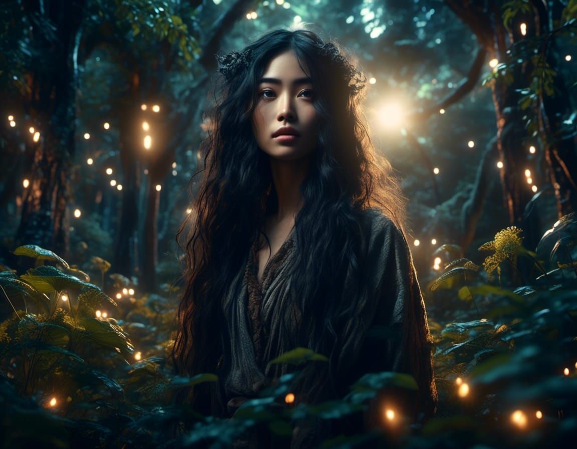 Mysterious Artist Girl in Glowing Japanese Forest