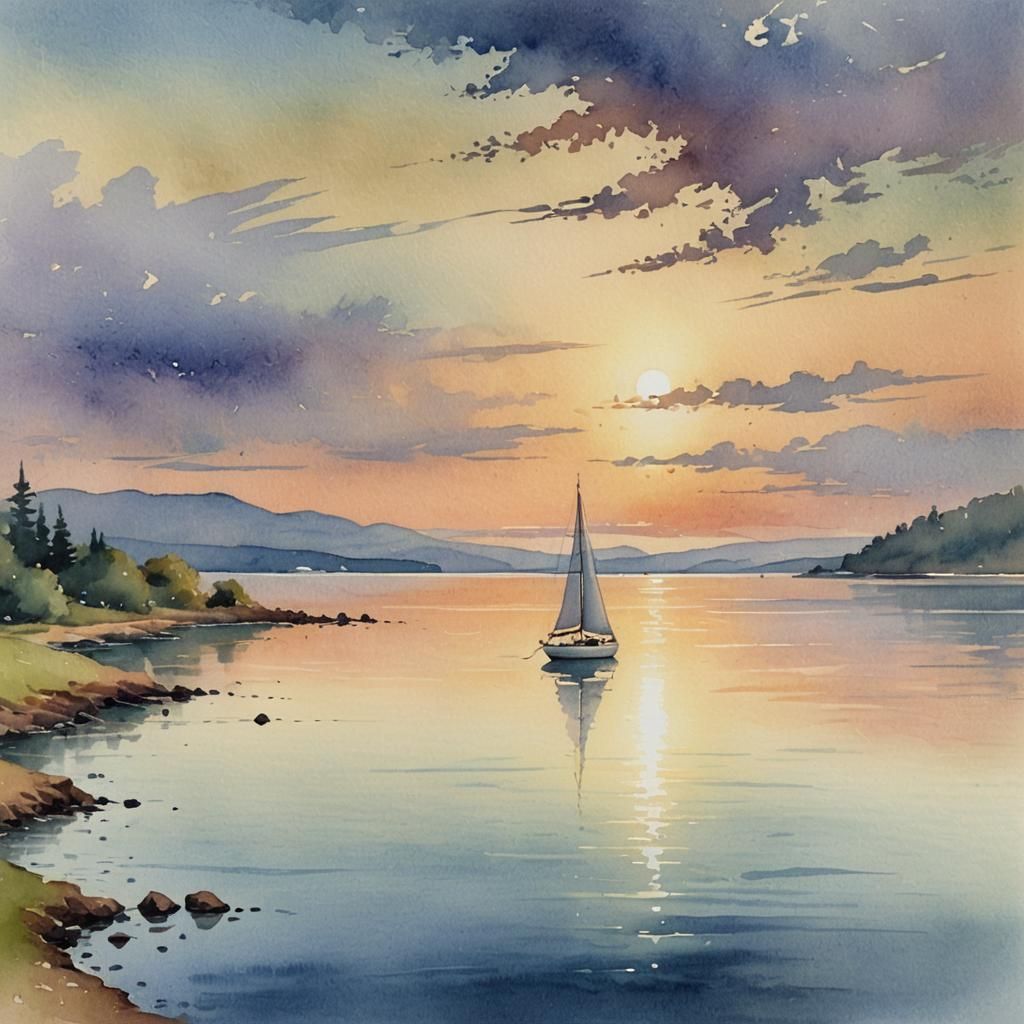 Watercolor Sailboat Painting in Evening Light