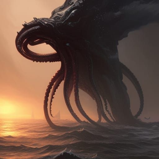 Dark Tentacle Monster Destroys City in Fantasy Art