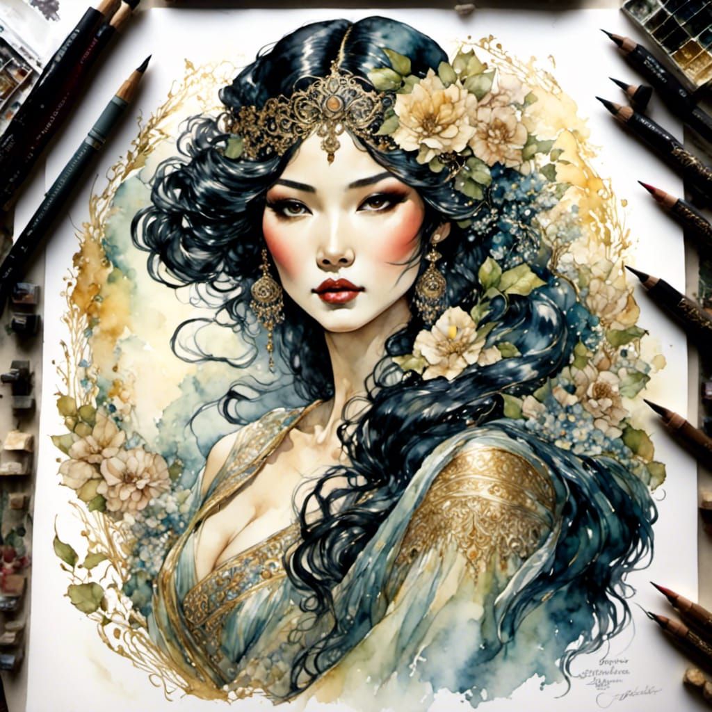 Elegant Peruvian Woman Art Nouveau Illustration