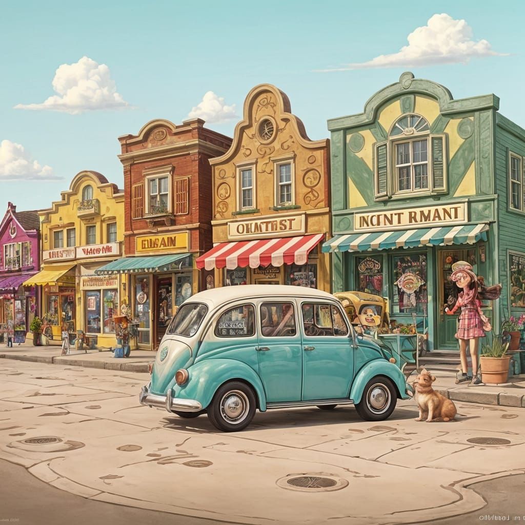 Whimsical Small Town Scene in Cartoon Illustration Style