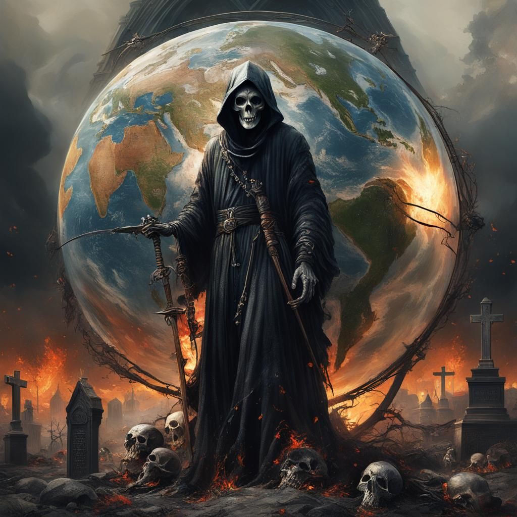 Grim Reaper with Burning Earth Oil Painting